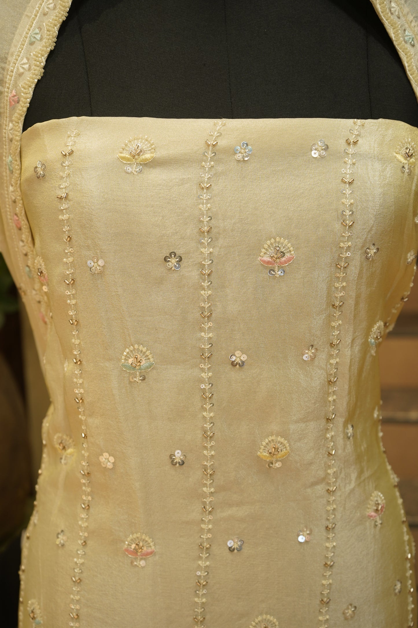 Ivory Tissue Suit with Beads Handwork