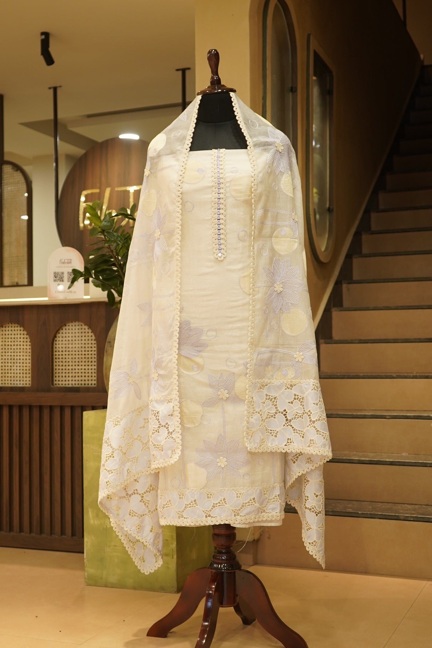 Off White Mul Chanderi Suit with Applique Embroidery