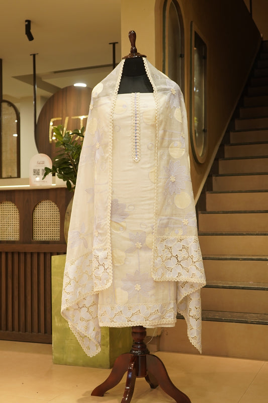 Off White Mul Chanderi Suit with Applique Embroidery