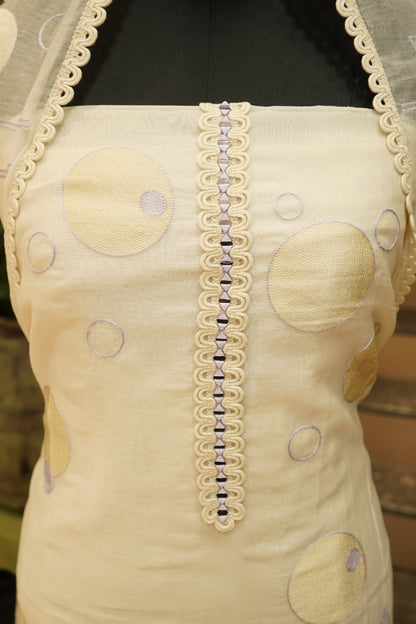 Off White Mul Chanderi Suit with Applique Embroidery