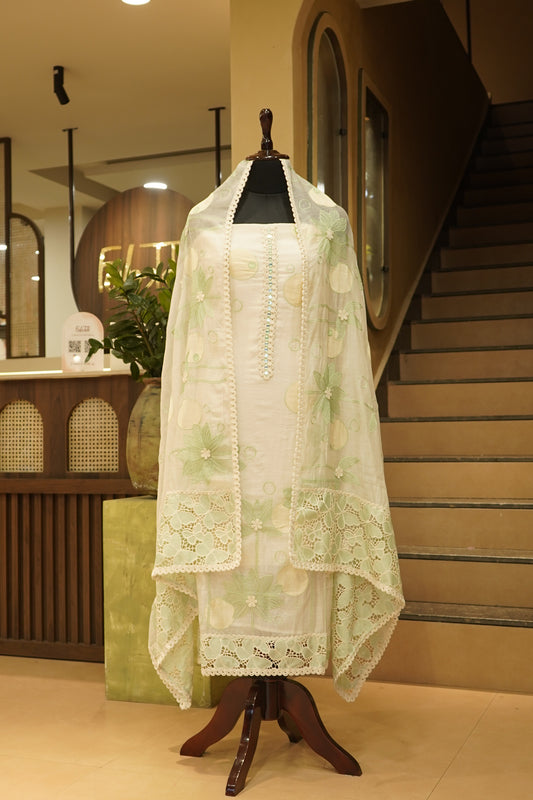 Off White Mul Chanderi Suit with Applique Embroidery