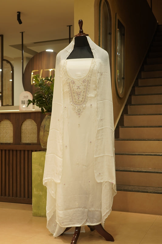 White Chinon Suit with Handwork