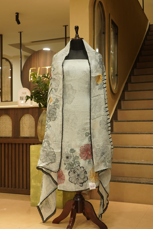 Blue Organza Printed Suit with Embroidery