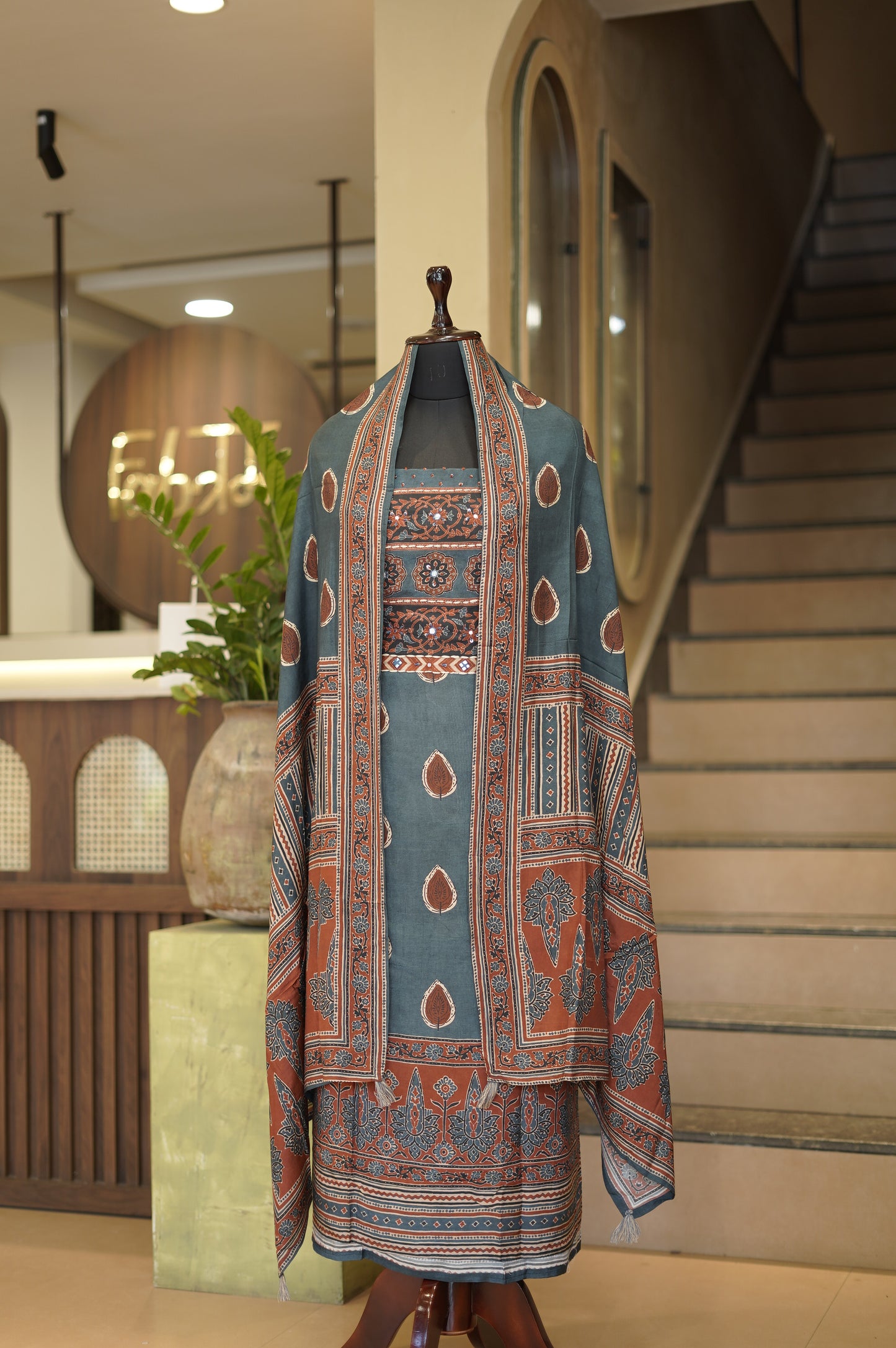 Blue Ajrakh Printed Muslin Suit with Handwork
