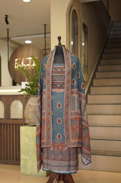 Blue Ajrakh Printed Muslin Suit with Handwork