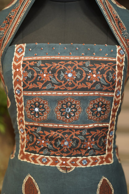 Blue Ajrakh Printed Muslin Suit with Handwork