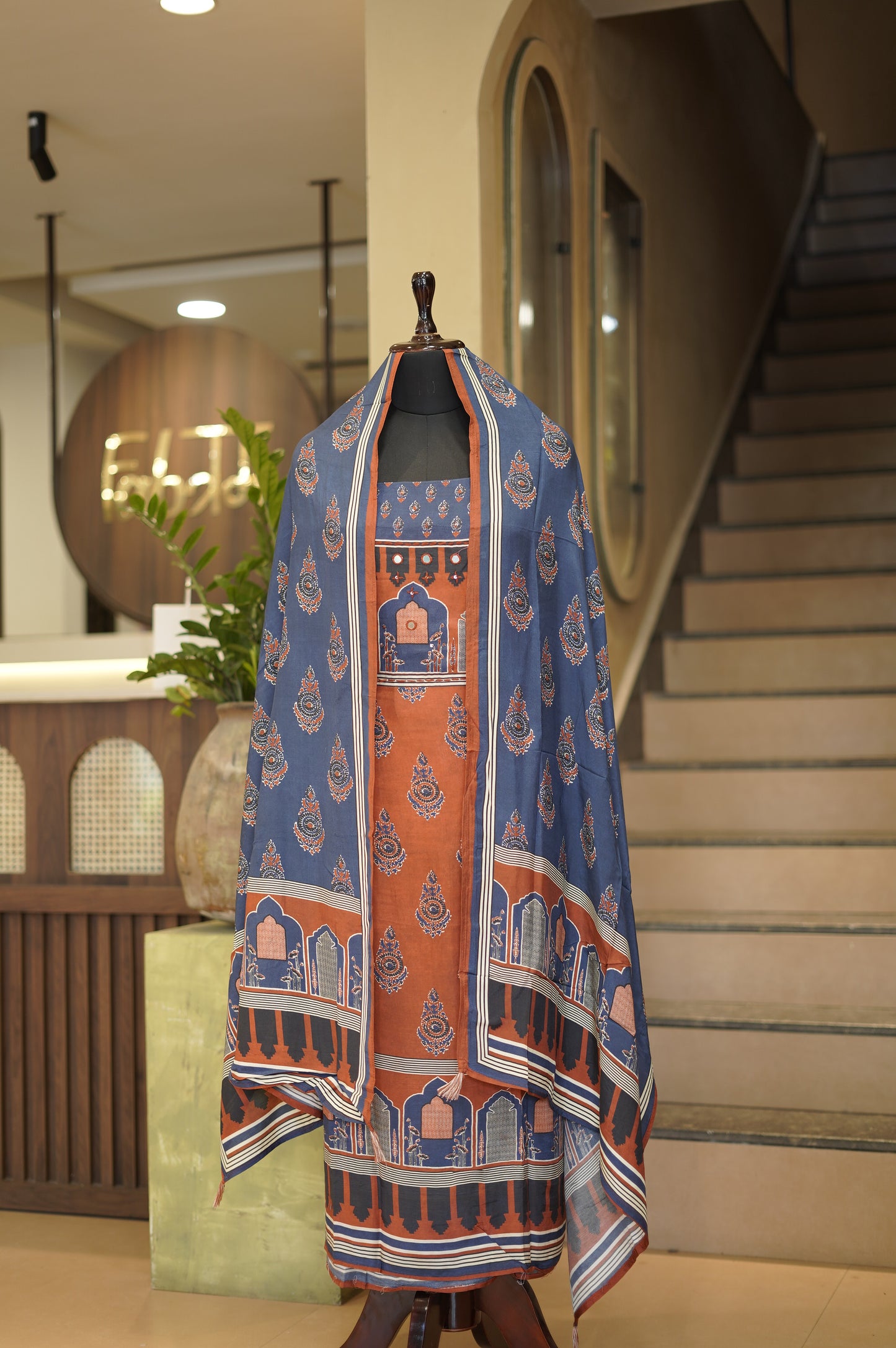 Red Muslin Ajrakh Printed Suit with Handwork