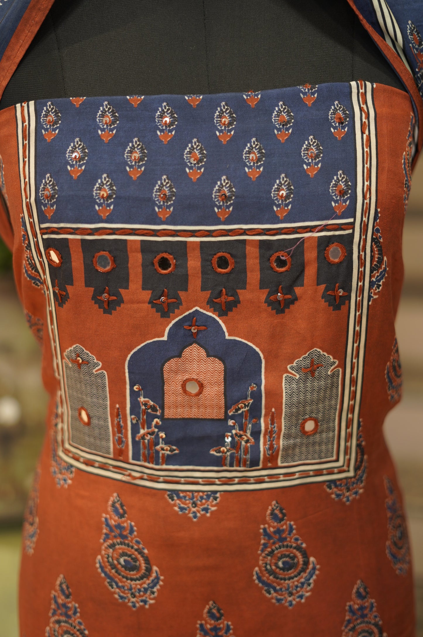 Red Muslin Ajrakh Printed Suit with Handwork