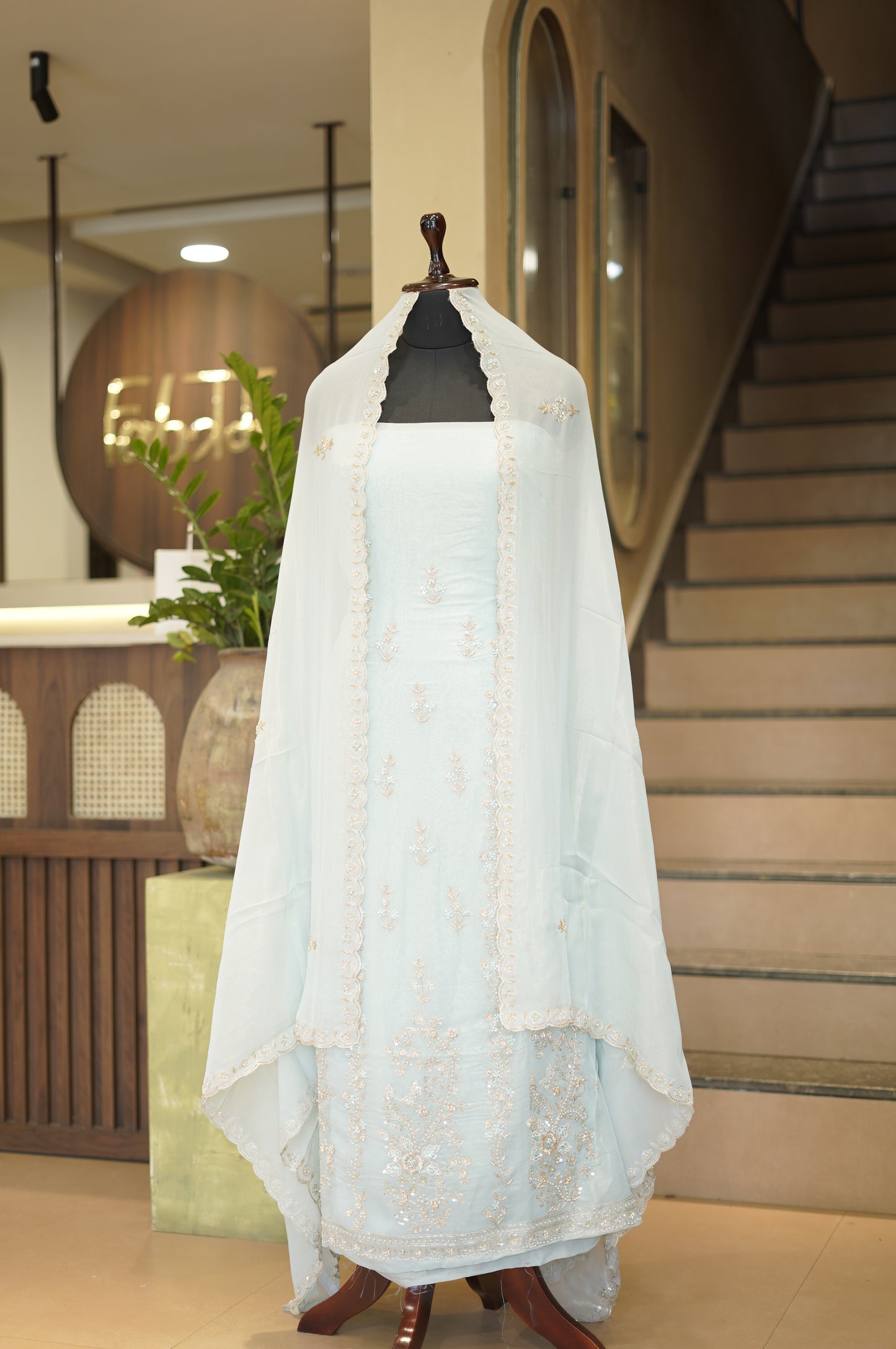 Blue Tissue Organza Suit with Handwork