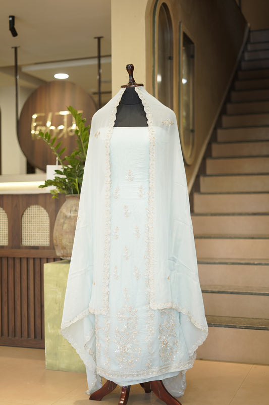 Blue Tissue Organza Suit with Handwork