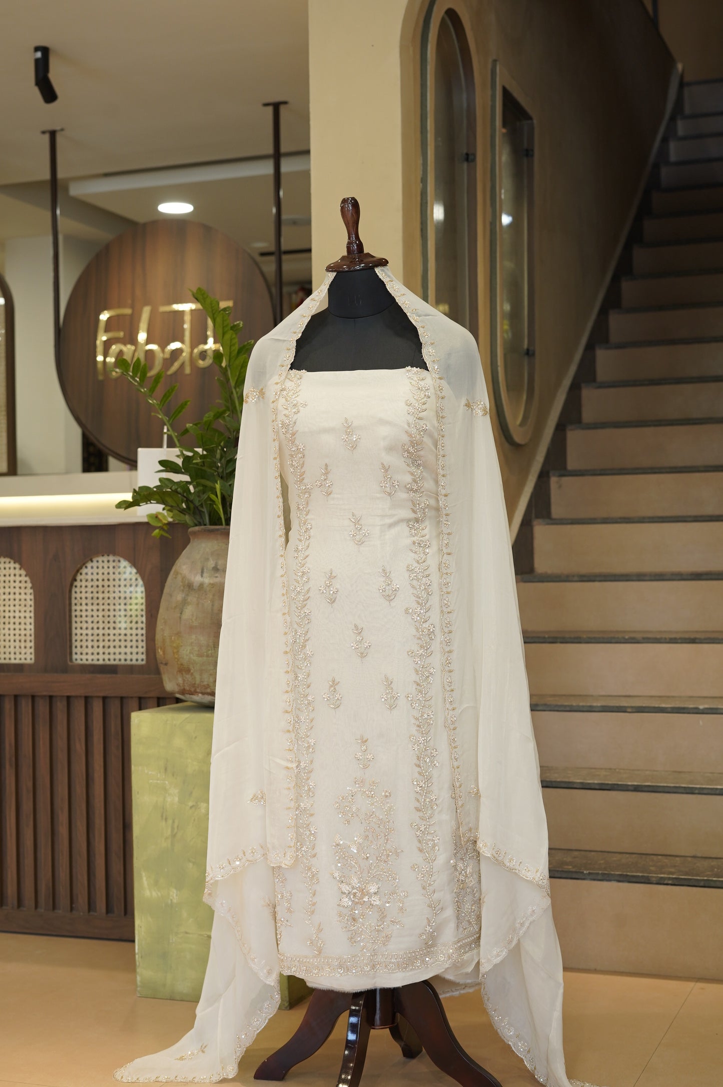 Cream Tissue Organza Suit with Handwork