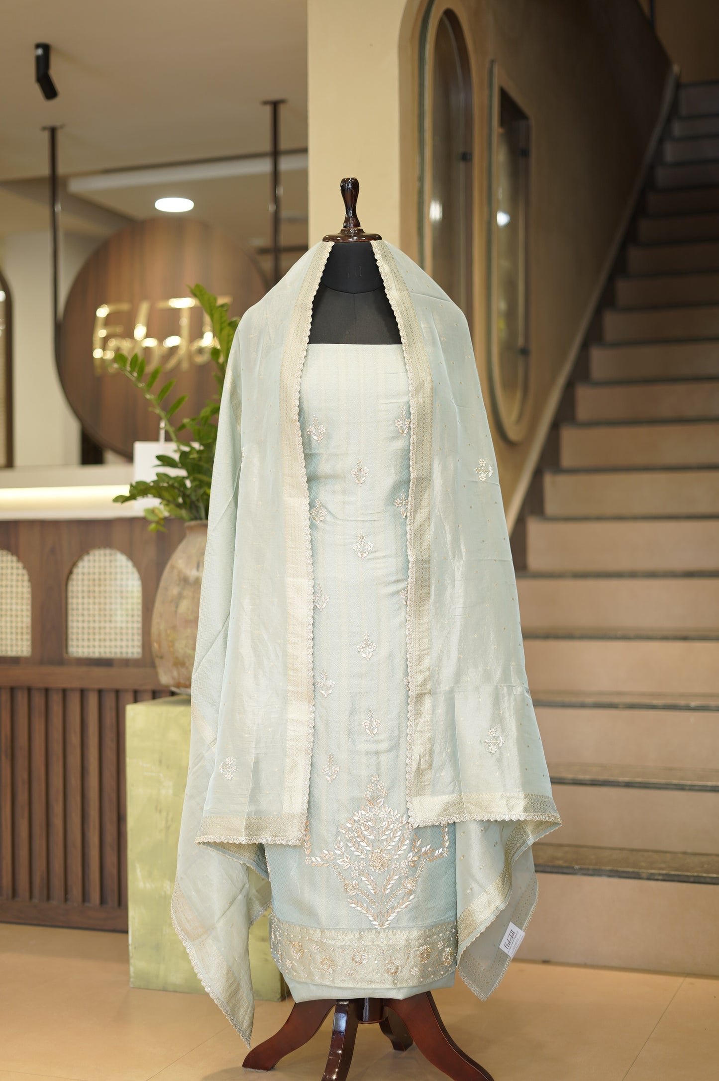 Blue Jaquard Tissue Suit with Handwork