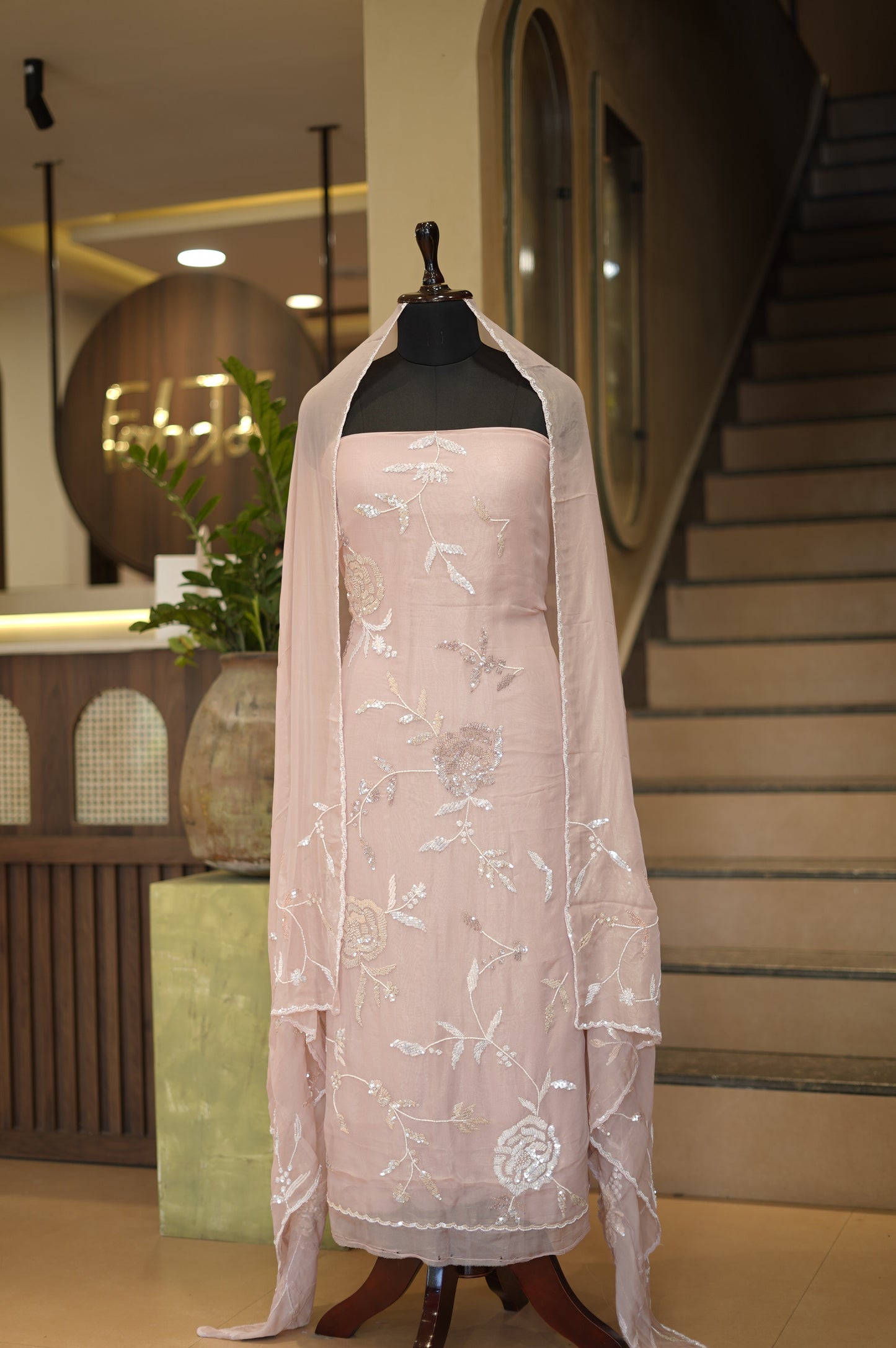 Pink Tissue Organza Suit with Handwork