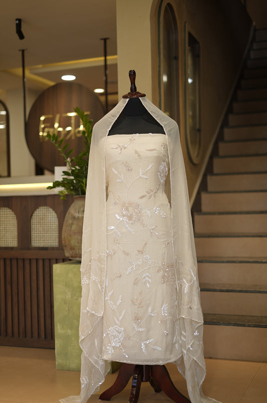 Cream Tissue Organza Suit with Handwork