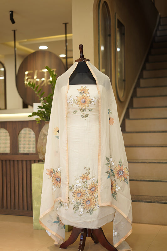 Cream Tissue Organza Suit with Handpainting