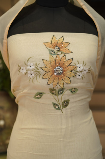 Cream Tissue Organza Suit with Handpainting