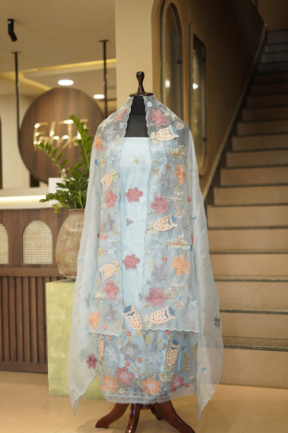 Blue Crush Tissue Suit with Aaplique Embroidery