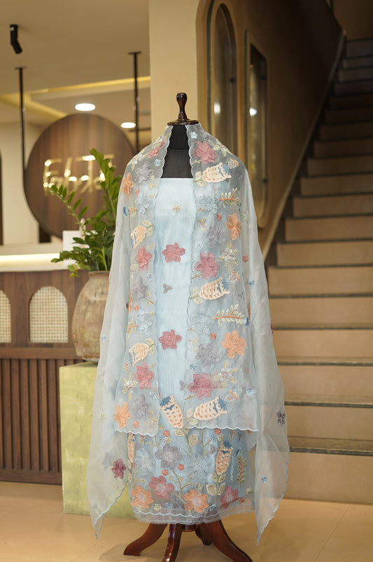 Blue Crush Tissue Suit with Aaplique Embroidery