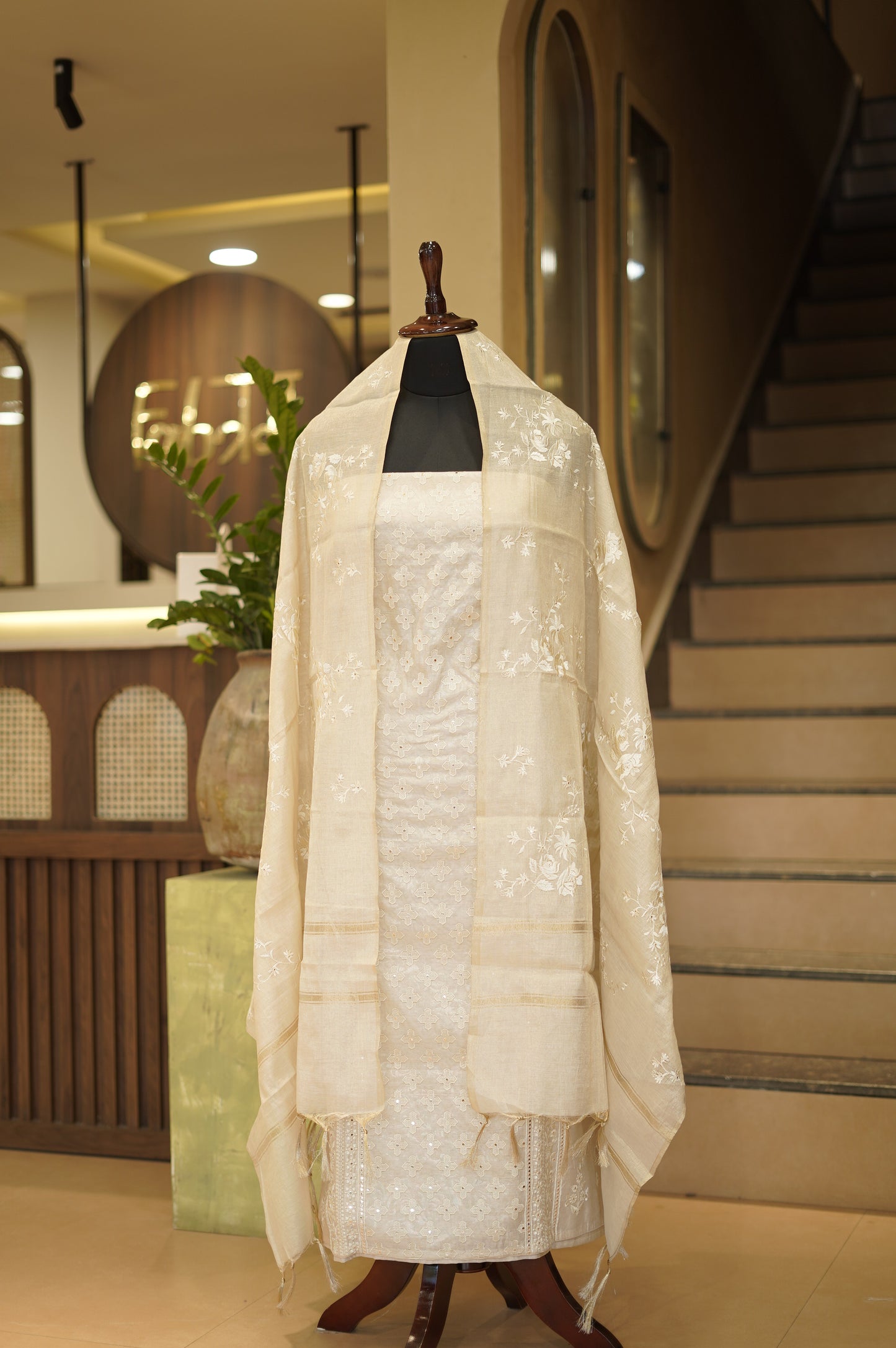 Cream Embroidered Tissue Suit