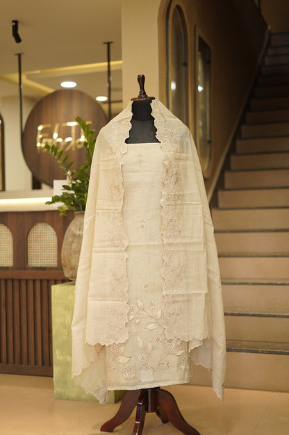 Light Brown Khadi Linen Suit with Applique Work
