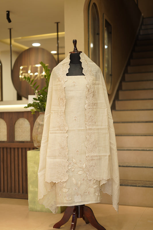 Light Brown Khadi Linen Suit with Applique Work