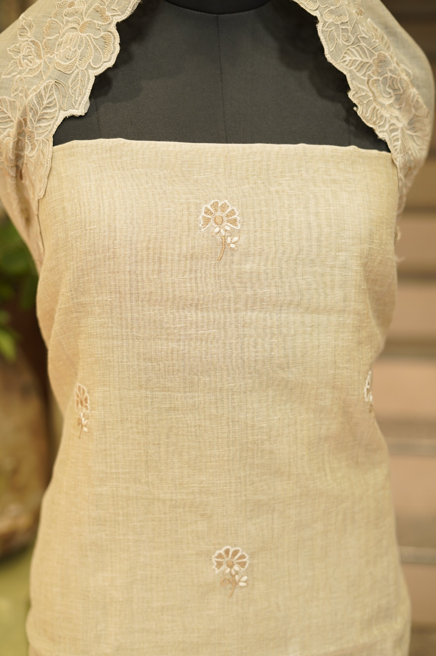 Light Brown Khadi Linen Suit with Applique Work