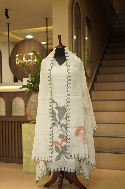 Off White Linen Tissue Printed Suit with Knot Work