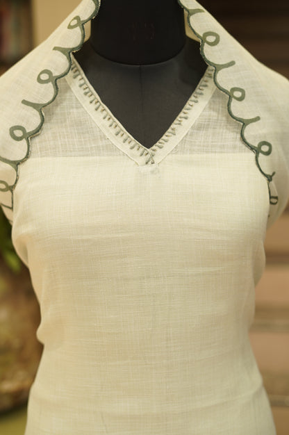 Off White Linen Tissue Printed Suit with Knot Work