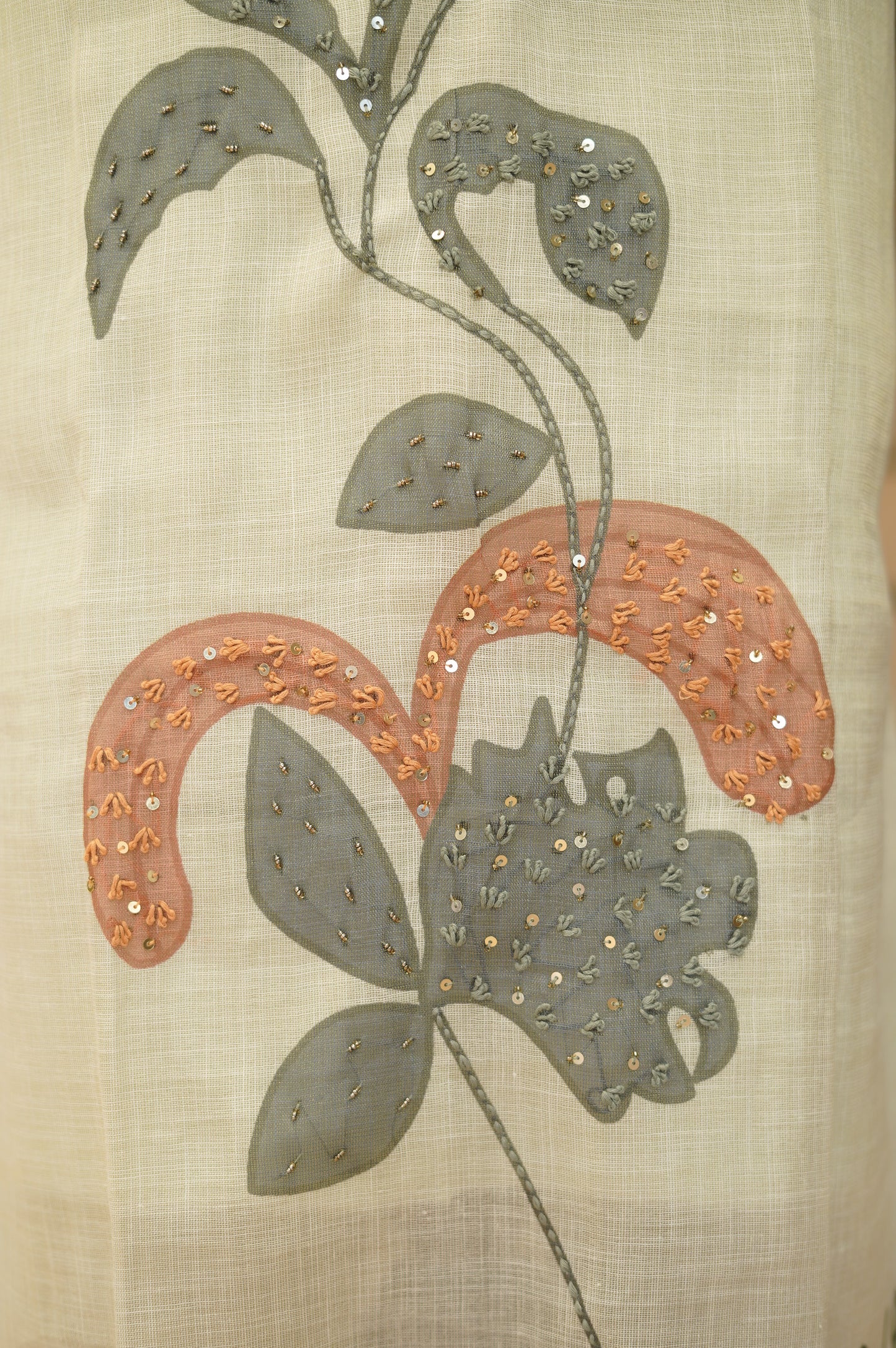 Off White Linen Tissue Printed Suit with Knot Work