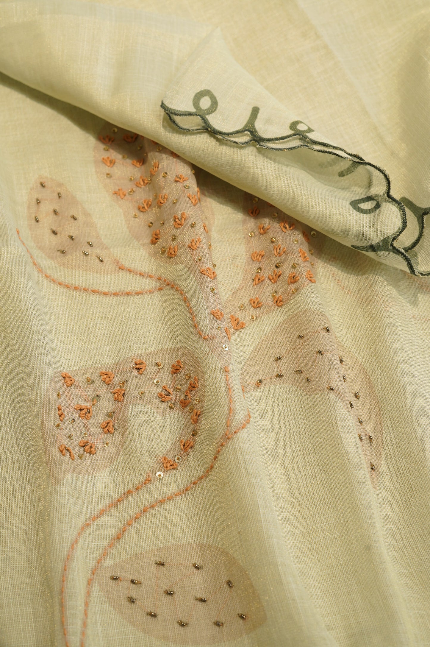 Off White Linen Tissue Printed Suit with Knot Work