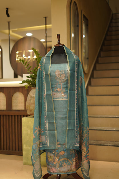 Green Printed Chanderi Tissue Suit with Handwork