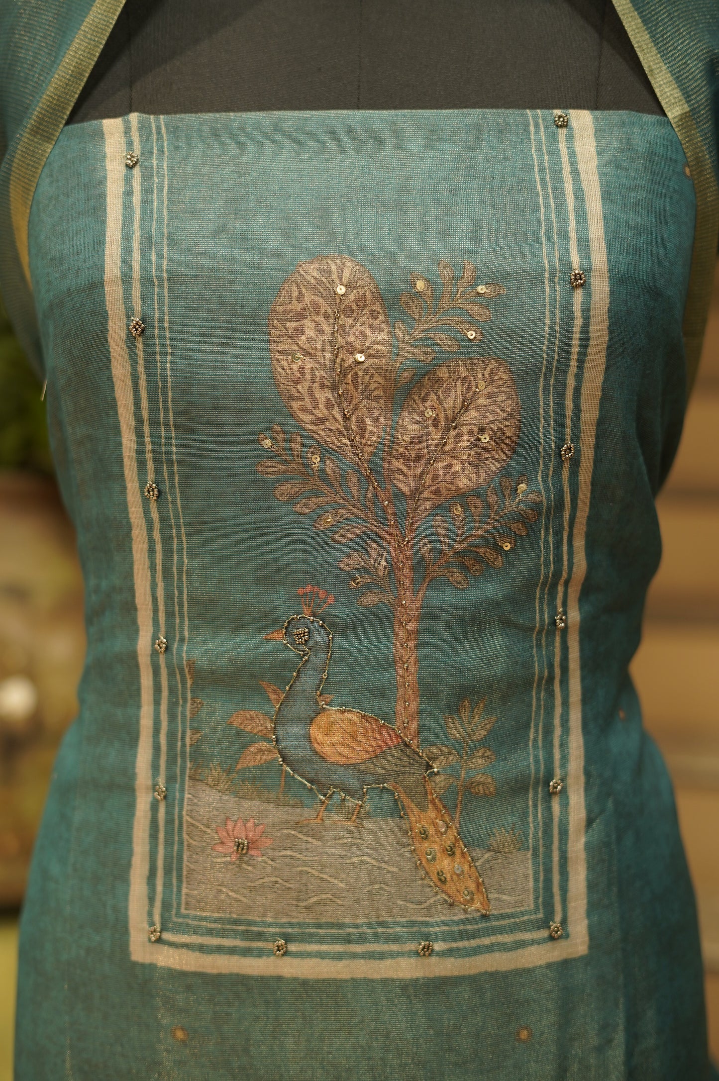 Green Printed Chanderi Tissue Suit with Handwork