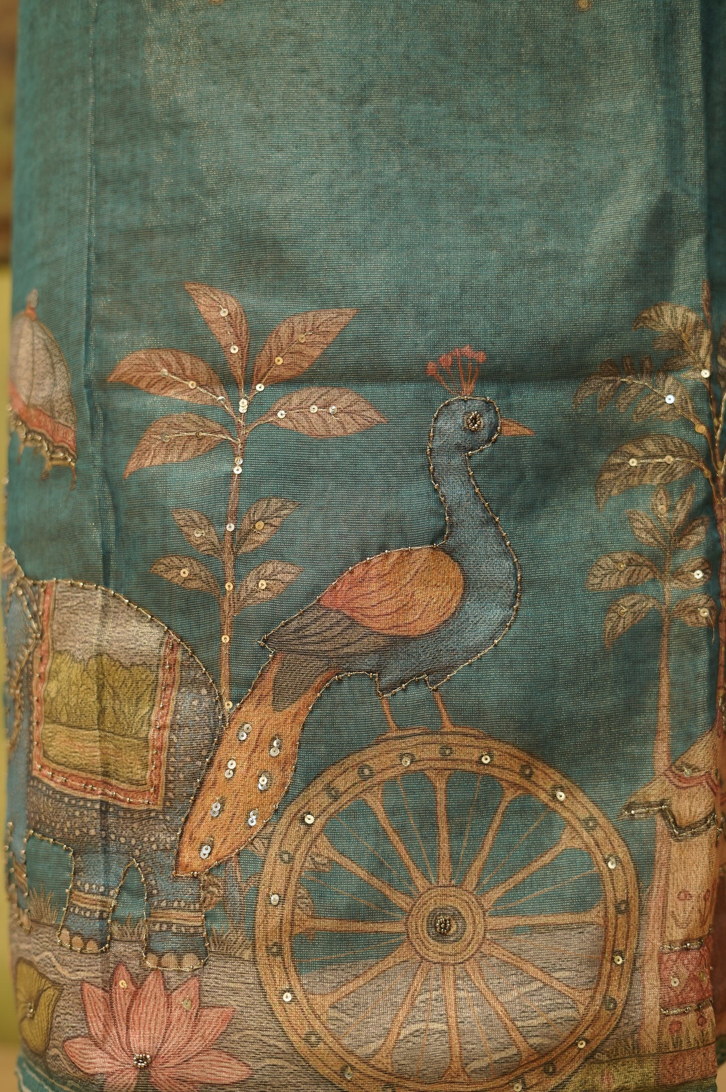 Green Printed Chanderi Tissue Suit with Handwork