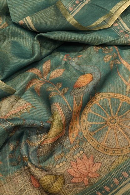 Green Printed Chanderi Tissue Suit with Handwork