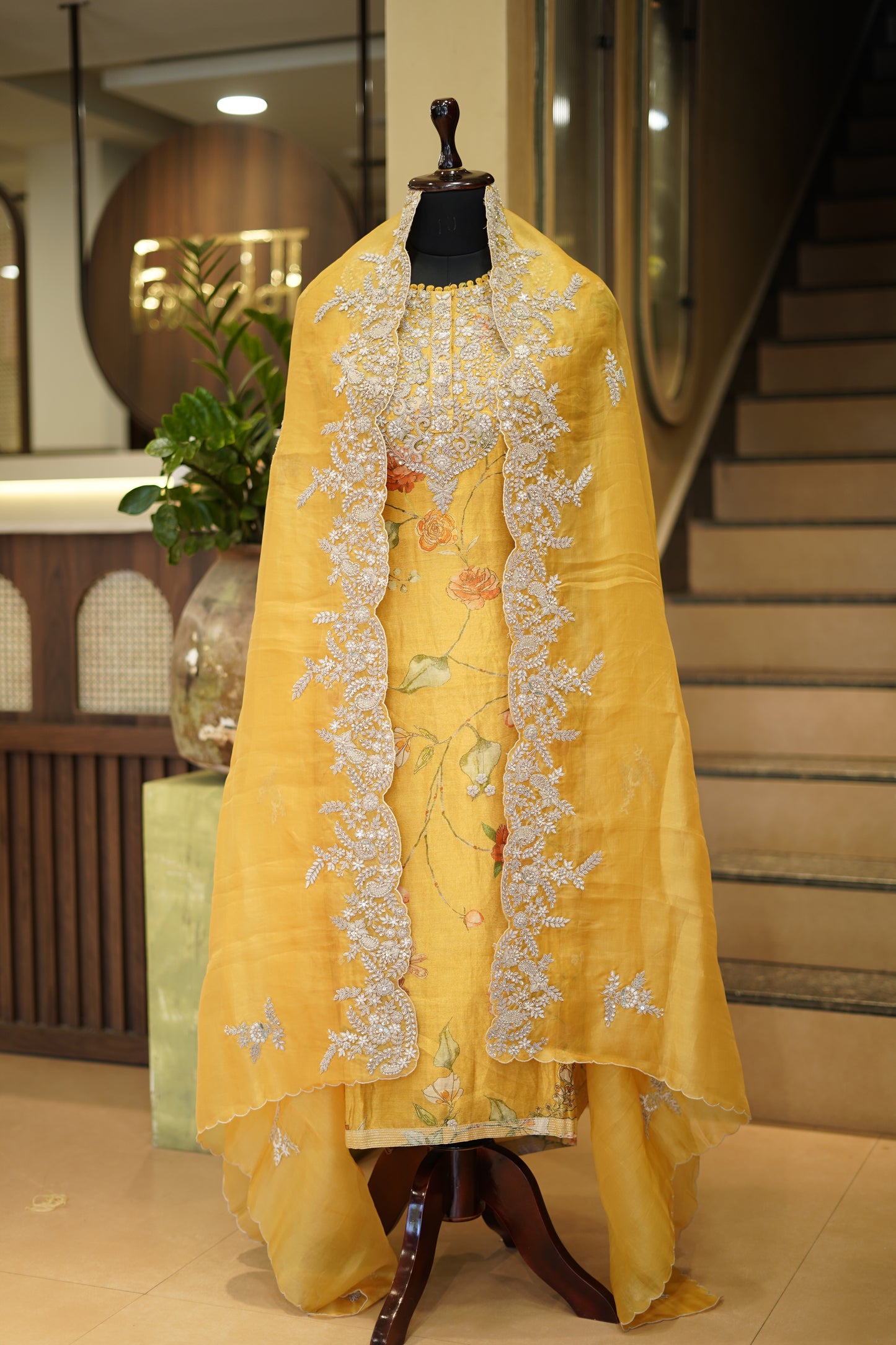 Yellow Pure Silk Tissue Printed Suit with Zardozi Work
