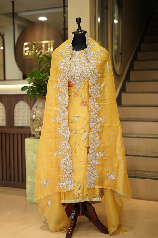 Yellow Pure Silk Tissue Printed Suit with Zardozi Work