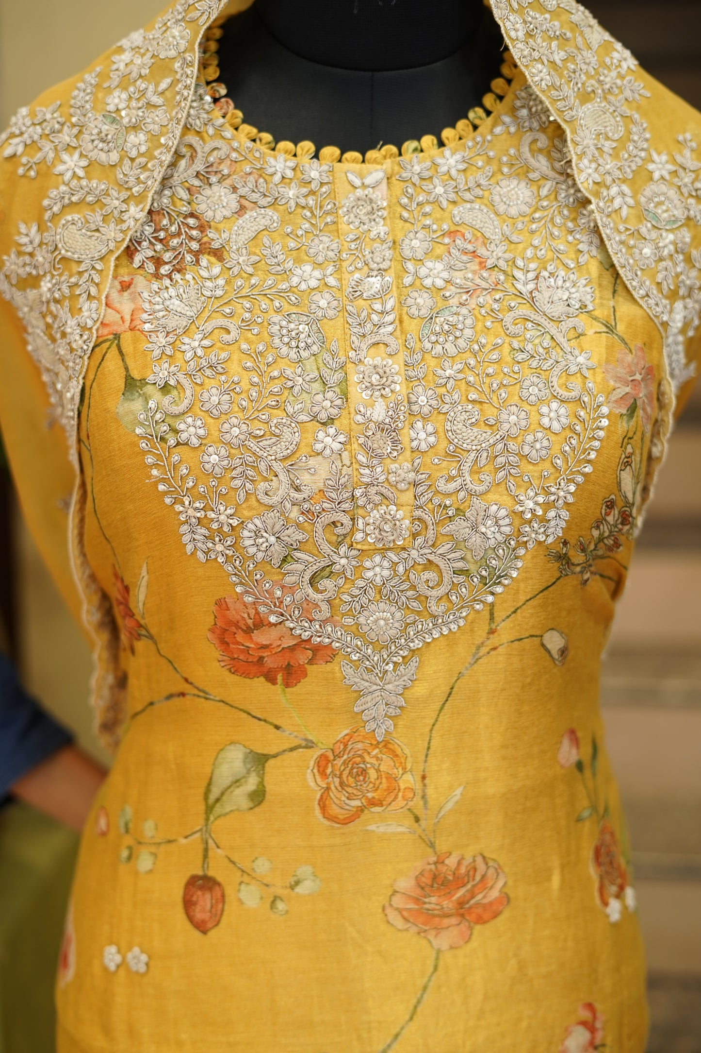 Yellow Pure Silk Tissue Printed Suit with Zardozi Work
