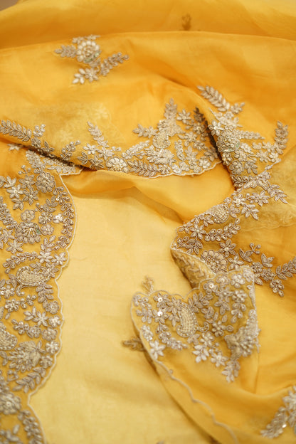 Yellow Pure Silk Tissue Printed Suit with Zardozi Work