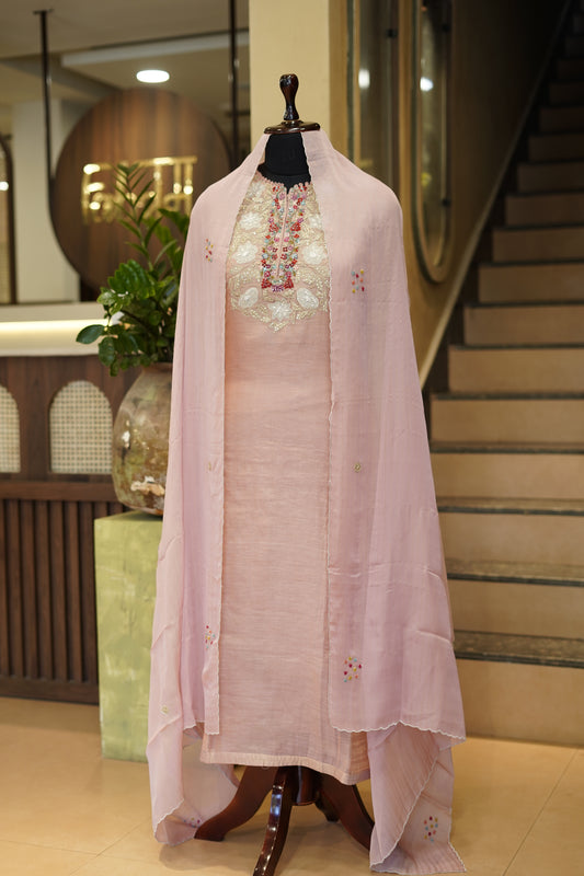 Pink Pure Silk Tissue Suit with Hand Work