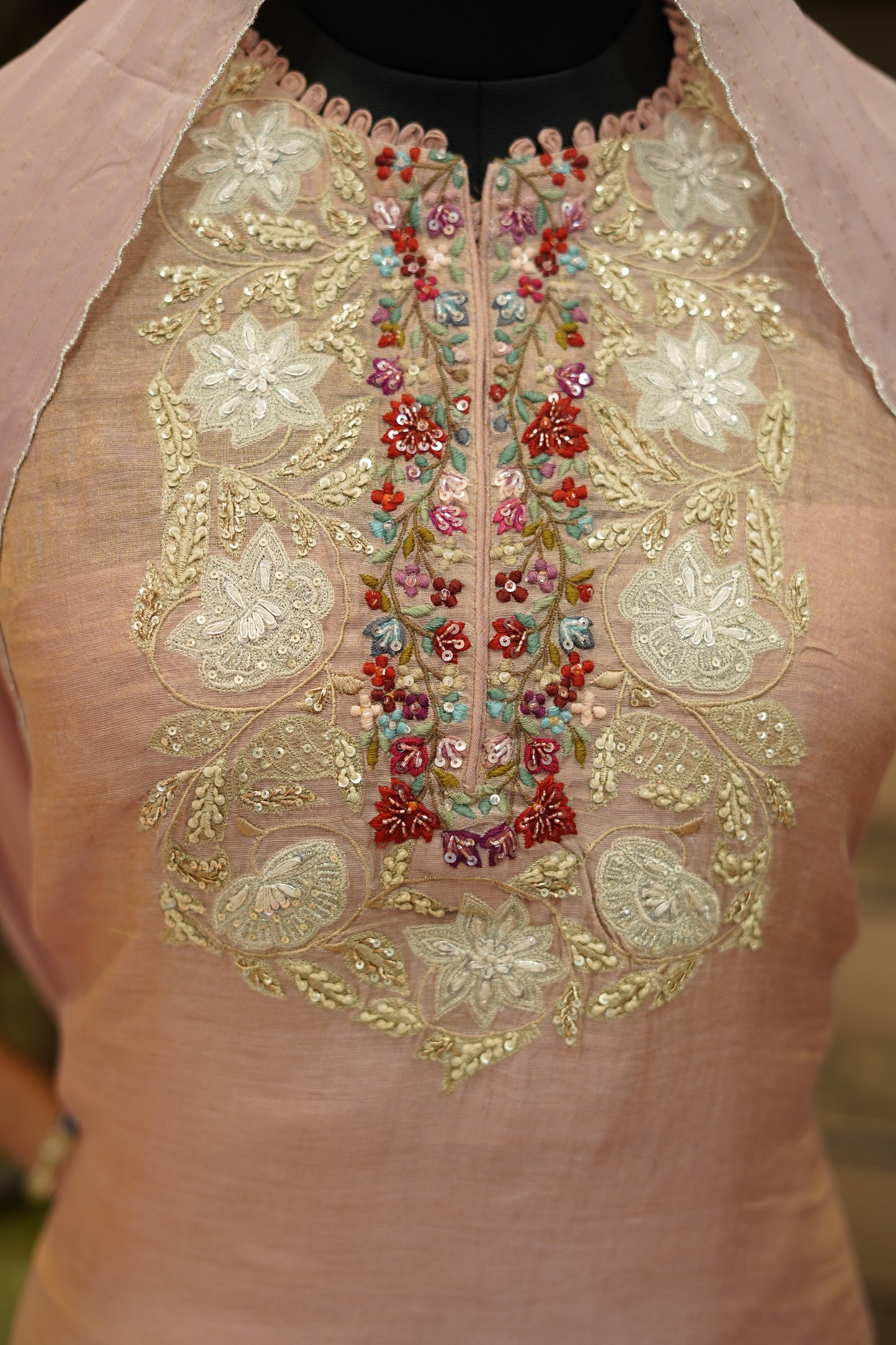 Pink Pure Silk Tissue Suit with Hand Work