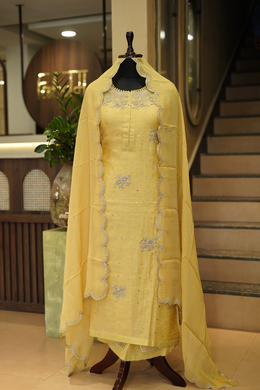 Yellow Pure Silk Tissue Suit with Zardozi and Pitha Work