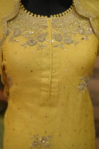 Yellow Pure Silk Tissue Suit with Zardozi and Pitha Work
