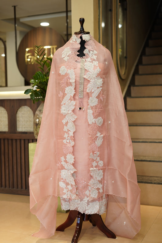 Pink Pure Silk Organza Suit with Applique Work