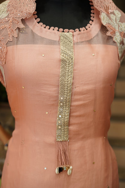 Pink Pure Silk Organza Suit with Applique Work