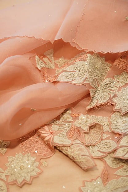 Pink Pure Silk Organza Suit with Applique Work