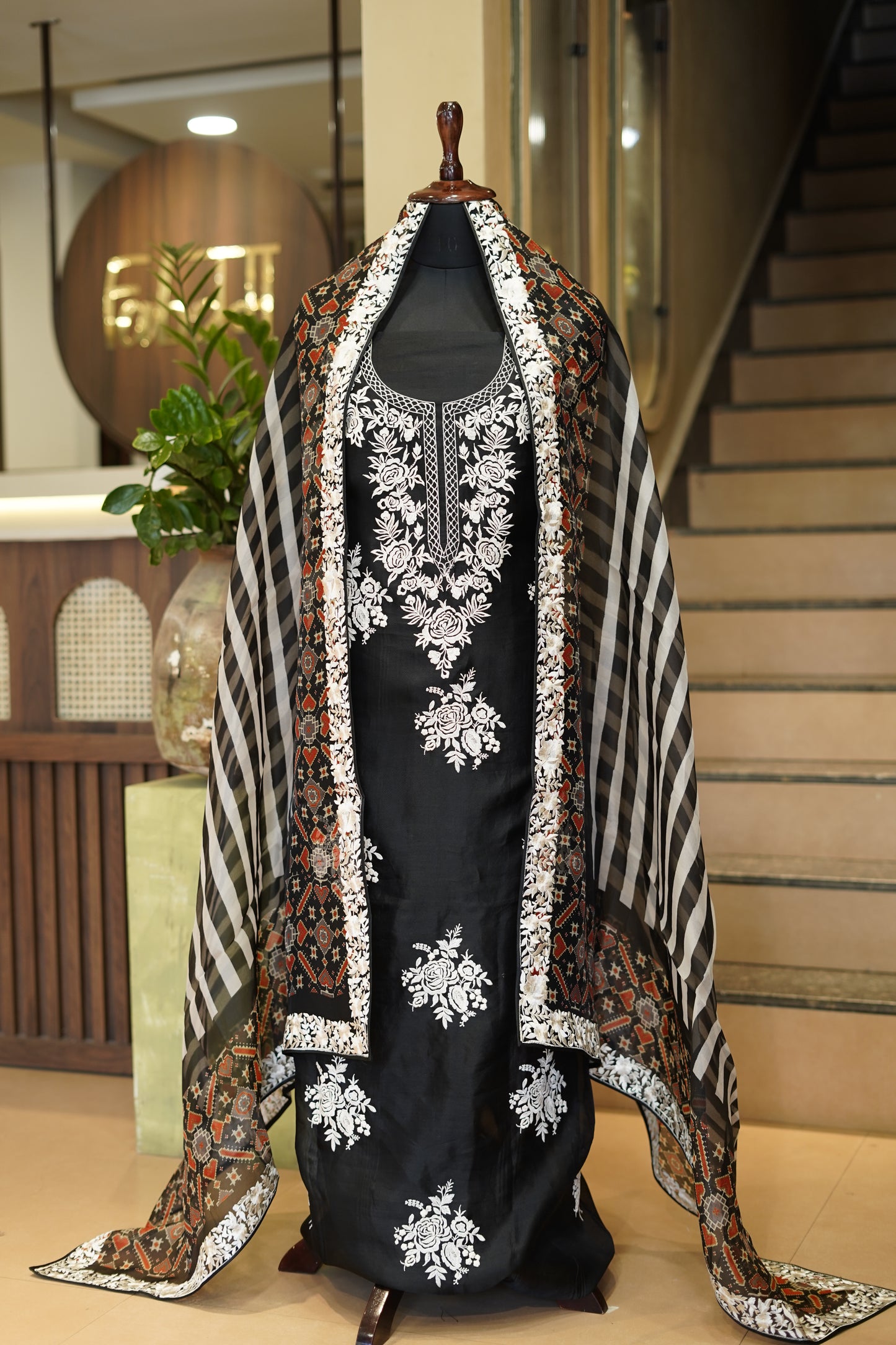 Black Pure Silk Organza Suit with Parsi Embroidery