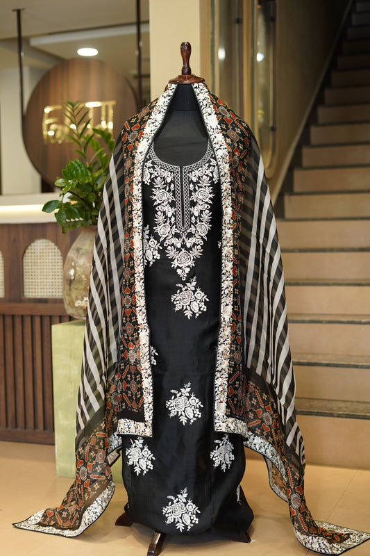 Black Pure Silk Organza Suit with Parsi Embroidery