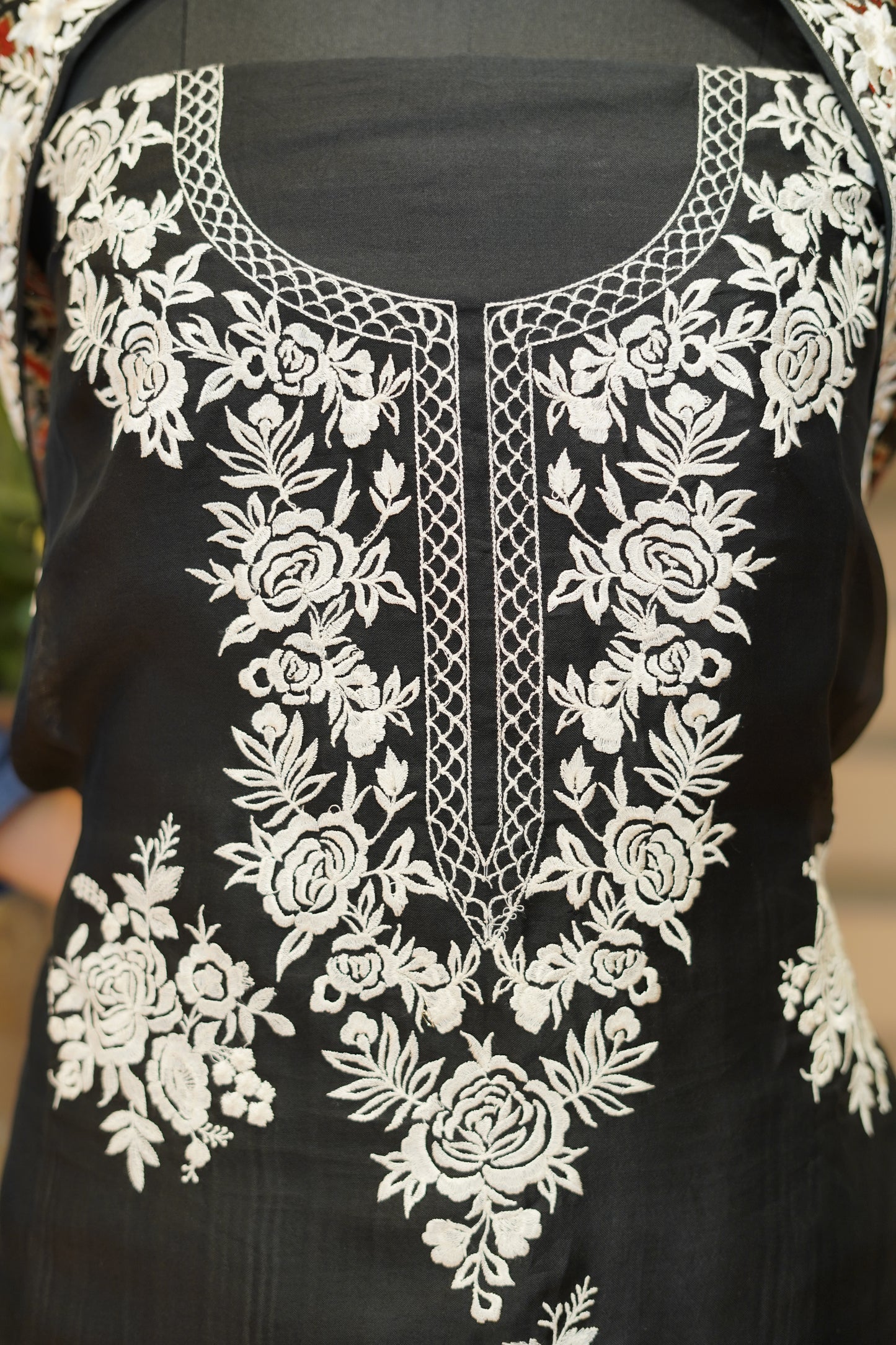 Black Pure Silk Organza Suit with Parsi Embroidery