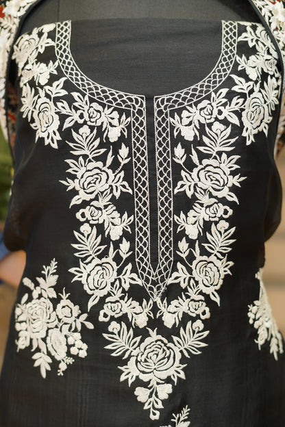 Black Pure Silk Organza Suit with Parsi Embroidery
