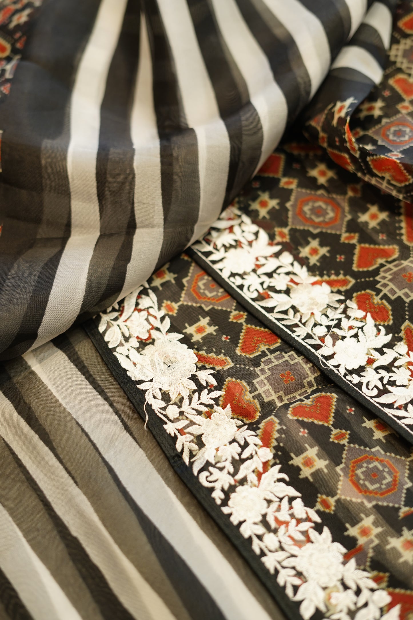 Black Pure Silk Organza Suit with Parsi Embroidery